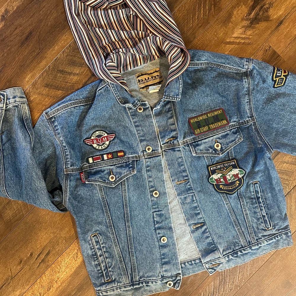 Vintage 1990s BUM Equipment Light Wash Denim Trucker Jean Jacket with Patches